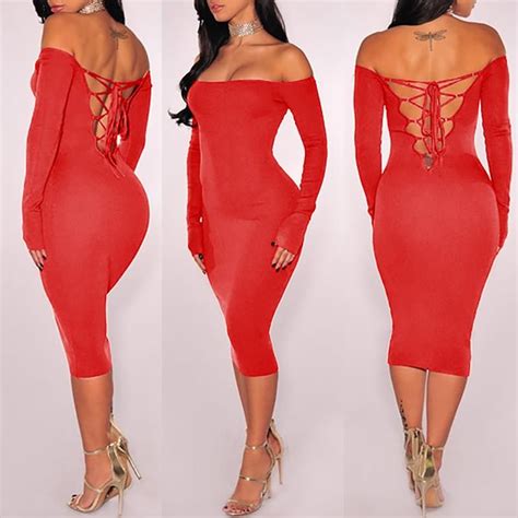 Red Back Lace Up Off Shoulder Long Sleeve Midi Dress Dresses Long Sleeve Midi Dress Fashion