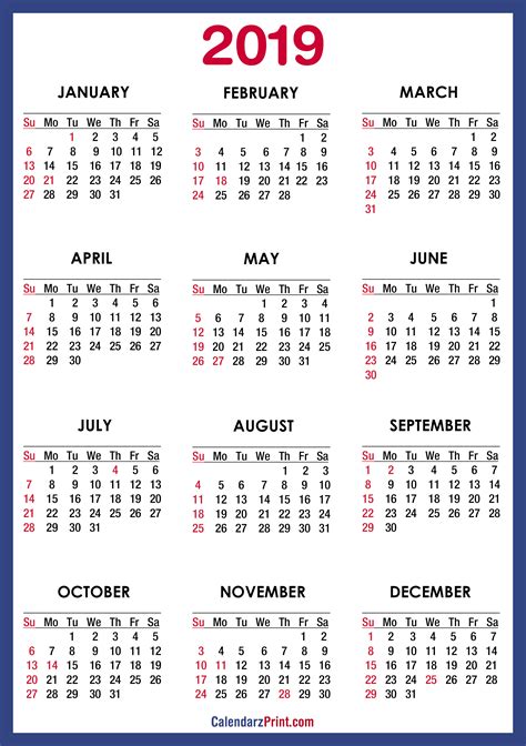 2019 Calendar Printable Free Usa Holidays Blue Sunday Start Hd