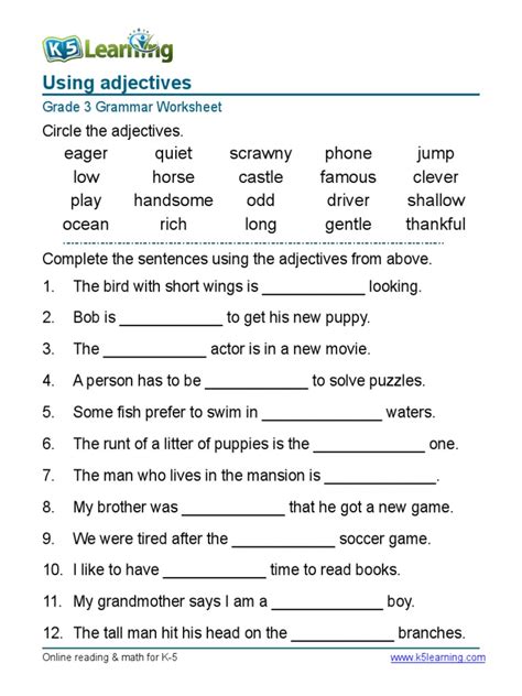 You can download the third grade cbse worksheets free of cost and use them as a quick reference for finishing your syllabus. grammar-worksheet-grade-3-adjectives-sentences-1.pdf