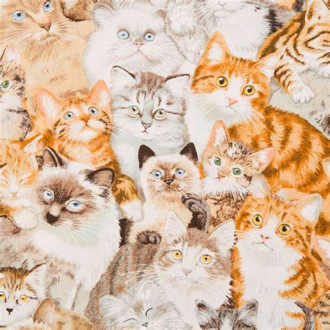 Cotton Fabric Pets Animals Densely Packed With Cats Orange Brown White