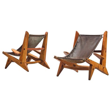 French Set Of Pine And Leather Hunting Chairs For Sale At 1stdibs