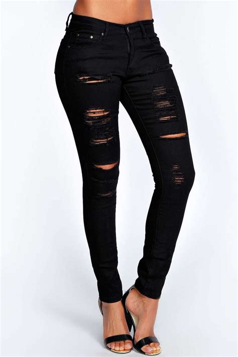 Boohoo Abby High Rise Heavy Ripped Skinny Jeans In Black Lyst