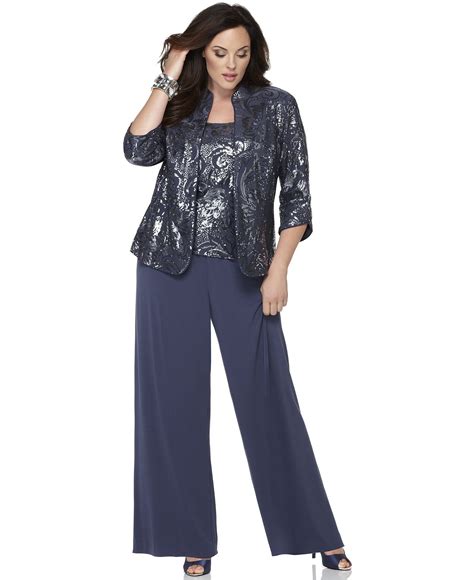 alex evenings plus size dress suit three piece sequin patterned jacket shell and pants dres