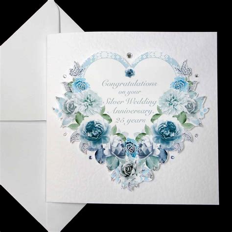 Antique Rose Heart Handmade Silver Wedding Anniversary Card