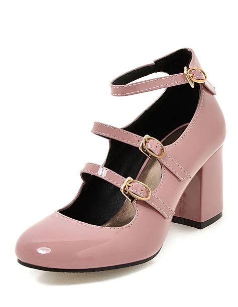 Pink Chunky Heels Round Toe Buckled Ankle Strap Pump Shoes For Women