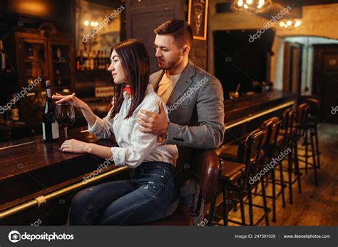 Man Woman Relax Couple Wooden Bar Counter Lovers Leisures Pub Stock