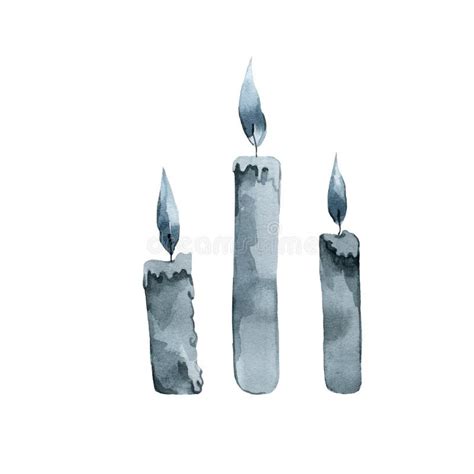Set Of Blue Candles Lit Watercolor Hand Drawing Stock Photo Image Of