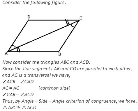 Prove That Diagonal Of A Parallelogram Divides It Into Two Triangle Congruent To Each Other