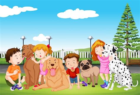 Niños Y Sus Perros En El Parque Ilustración Vector Premium