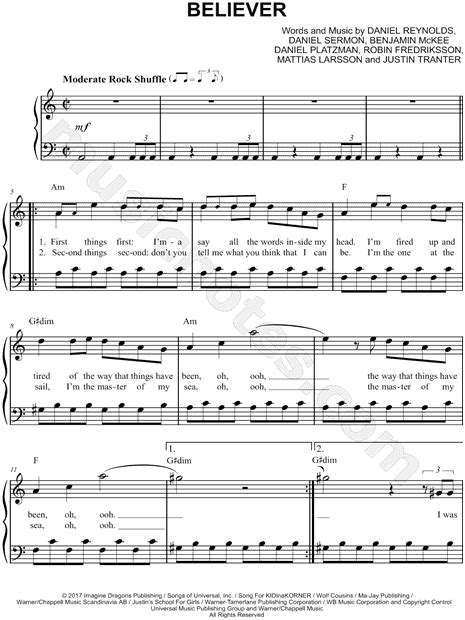 Imagine Dragons Believer Sheet Music Easy Piano In A Minor
