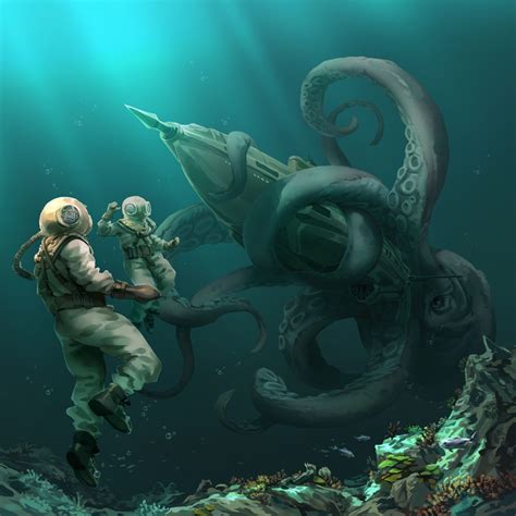 An Underwater Scene With Two People In Diving Gear And An Octopus On