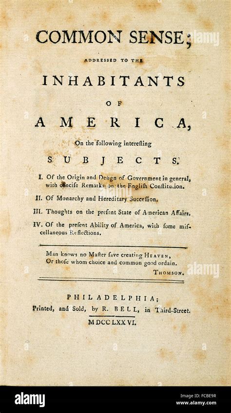 Common Sense By Thomas Paine Title Page Of The Pamphlet Published In