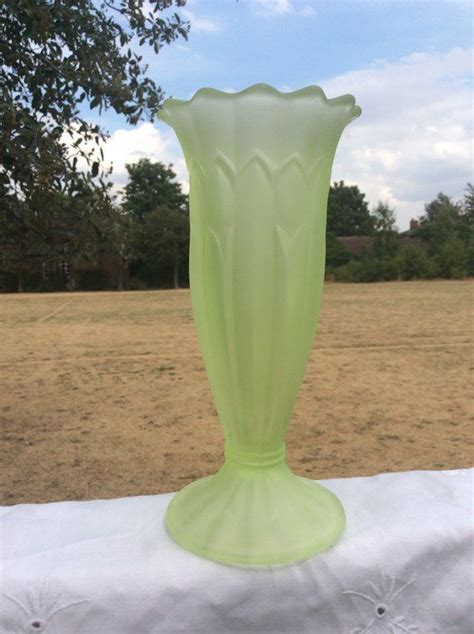 art deco green glass flower vase frosted glass aka satin vintage pressed glass vase bagley