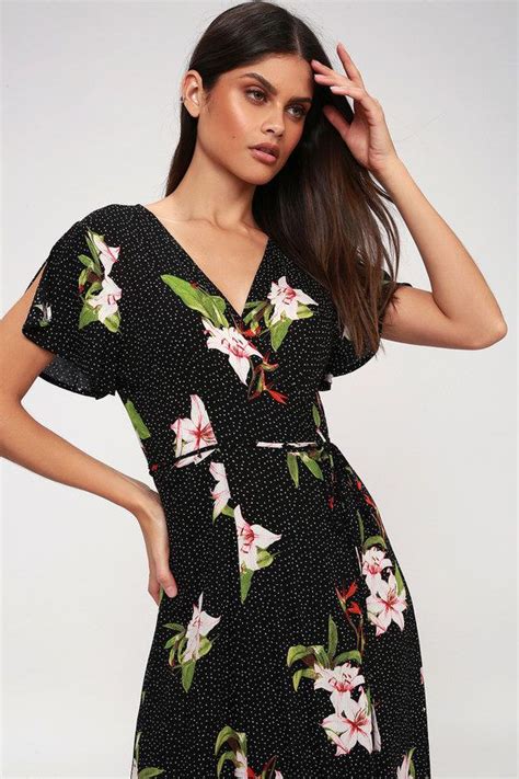 Heart Of Marigold Black Tropical Print Wrap Maxi Dress Maxi Wrap