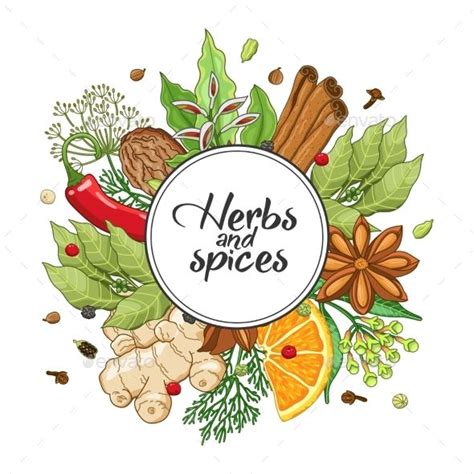 Vector Winter Round Design With Spices And Herbs Spice Logo Spices