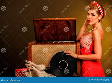 Girl In Red Retro Style Dress Keeps Vinyl Record Stock Photo Image