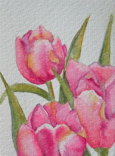 Art Card Of Pink Tulips Watercolor Aceo Original Art By Marleyart