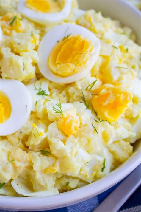 I usually leave the skins on when i make potato salad — i like the spots of color they add to the dish, plus they're thin enough. The Best Potato Salad Recipe - The Food Charlatan