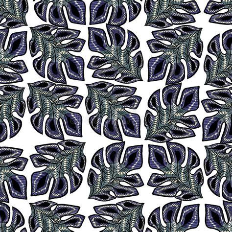 Tropical Seamless Pattern With Hand Drawn Monstera Palm Leaves Stock