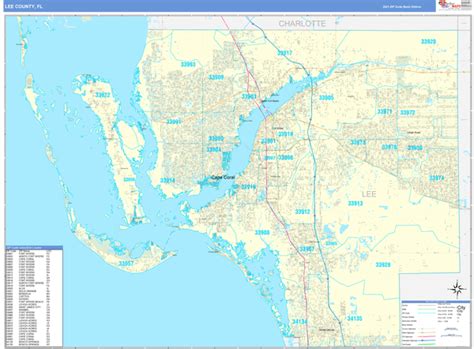 Lee County Fl Zip Code Wall Map Basic Style By Marketmaps Mapsales