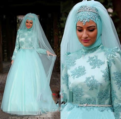 Muslim Hijab Long Sleeve Light Blue Wedding Gown In Wedding Dresses