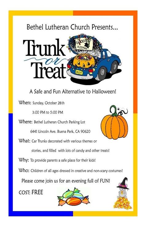 A Flyer For A Trunk Or Treat Event With Pumpkins And Other Items On It