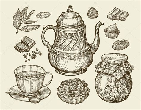 Vintage Teapot And Cup Drawing
