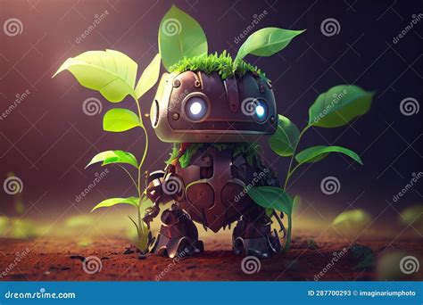 Robot With Green Leaves Ecology Technology Concept Stock Image