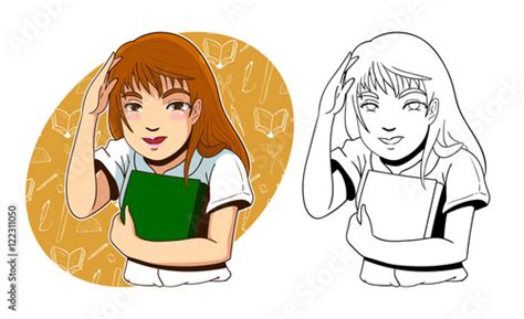 Vector Illustration Of Cute Girl Hug A Book On Stationary Pattern