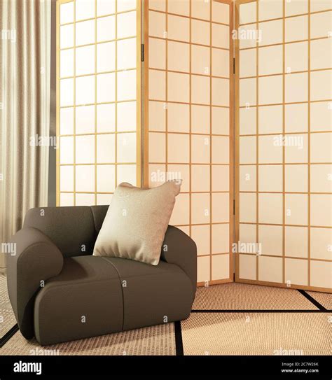Japanese Partition Paper Wooden Design On Living Room Tatami Floor3d