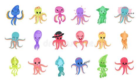 Adorable Octopus Squid And Jellyfish Characters Vector Big Set Stock