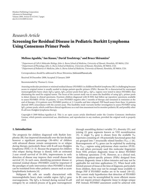 Solution Screening For Residual Disease In Pediatric Burkitt Lymphoma