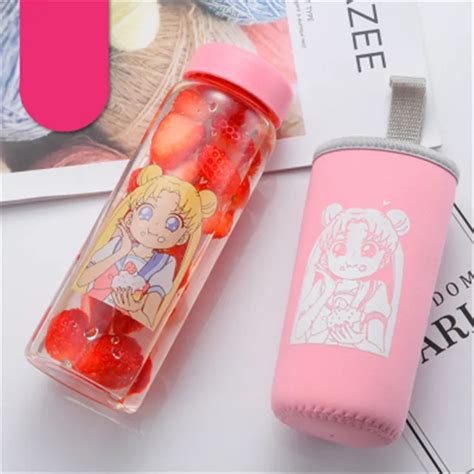 Japanese Cute Cartoon Girl Glass Water Bottles Chic 450ml Leak Proof Drink Bottles With