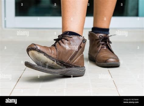 Torn Women Shoe Closeup Broken Women Leather Shoe Need To Repair Stock