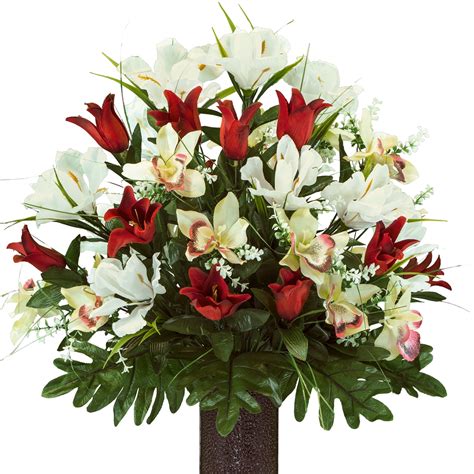 Red Tulips And White Iris Silk Cemetery Vase Arrangement Featuring The