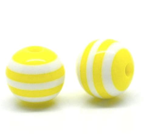 100 Round Yellow And White Acrylic Striped Beads 10mm Bulk Package