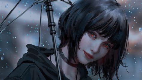 Red Eyes Short Hair Anime Girl Under Umbrella With Black Dress Hd Anime Girl Wallpapers Hd