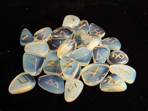 Opalite Engraved Rune Stone Set With Runic Symbols Chart