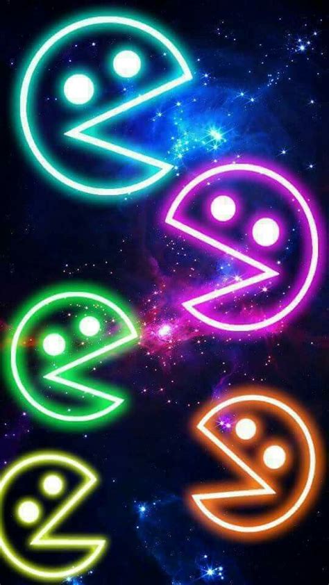 Four Neon Smiley Faces In The Dark With Stars And Space Behind Them On