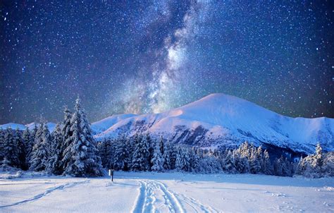 Обои Зима Горы Снег Winter Snow Mountains Звездное небо Starry