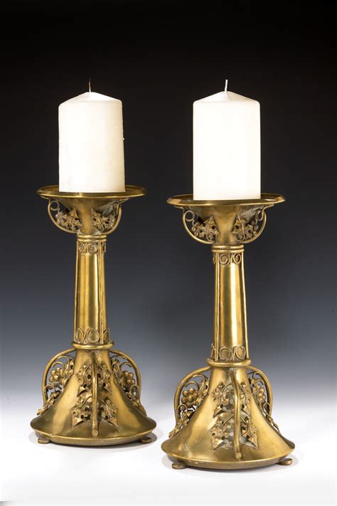 Antique Pair Of Large Arts And Crafts Brass Candlesticks