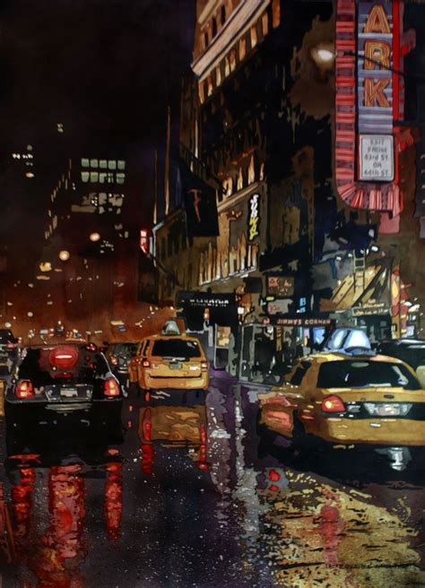 New York City Taxi Rain Reflections Traffic Wet Watercolor