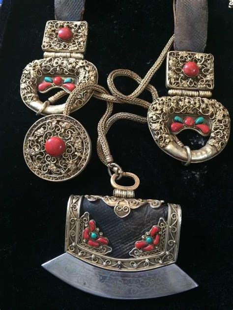 Mongolian Tinder Pouch With Belt Pendants And Toggle Gilt Silver Leather Coral And Turquoise