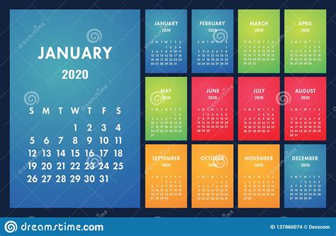 Calendar 2020 Vector Basic Grid Simple Design Template English Wall