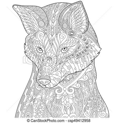 Print een dieren kleurplaat met veel details uitdagende kleurplaten. Zentangle stylized fox. Coloring page of fox, isolated on ...