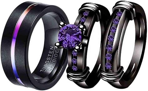 Mensring Couple Rings Black Plated Round Purple Cz Pc Womens Wedding