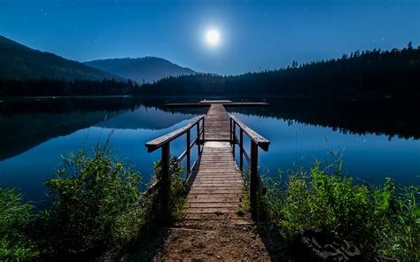 Moonlight Lake Trees Dock Reflection Path Trail Hd