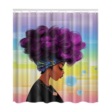 African Woman Shower Curtain With Purple Afro Hair Polyester Printing Bathroom Curtain