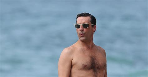 Jon Hamm Wore Retro Cool Swim Trunks While Shooting Scenes For Mad See The Sexiest Shirtless