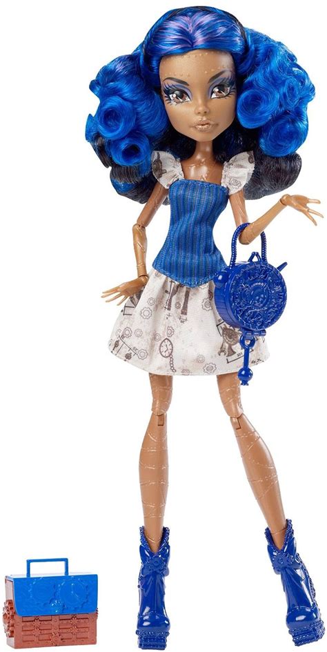 A Doll With Blue Hair Is Holding A Purse And Standing In Front Of A